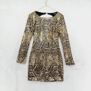 Akira Chicago Black Label Gold & Black Sequin Long Sleeve Mini Dress P464